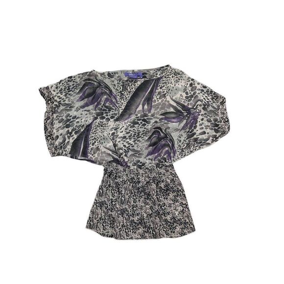 Miley Cyrus Blouse Women Purple & Gray Floral Short Sleeve Round Neck Casual Wom - Picture 1 of 5